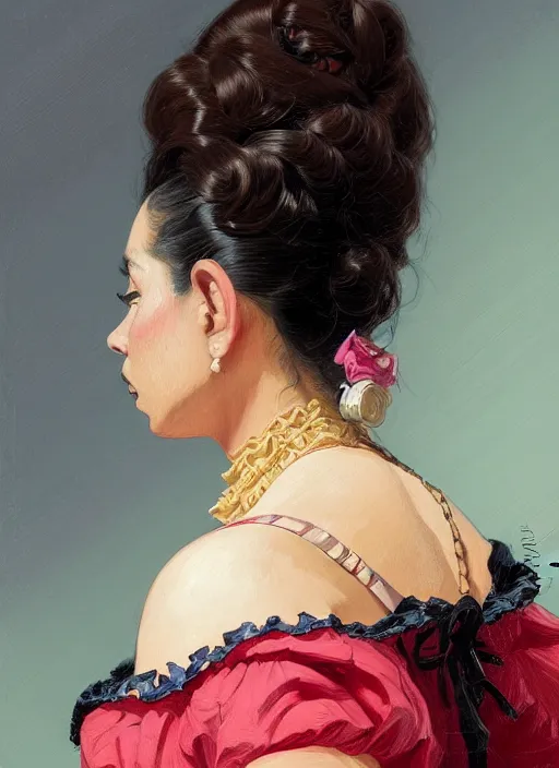 Prompt: 3 / 4 view of a portrait of a hispanic woman in victorian clothing, confident pose, intricate, elegant, sharp focus, illustration, highly detailed, concept art, matte, trending on artstation, anime, art by james jean and artgerm and brian despain and alberto mielgo, greg rutkowski, wlop, ilya kuvshinov, strong strokes