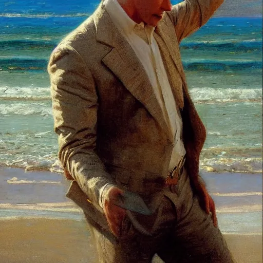 Image similar to detailed cinematic shot of jeff bezos with white clothes in the mediterranean beach, spring light, painting by gaston bussiere, craig mullins, j. c. leyendecker