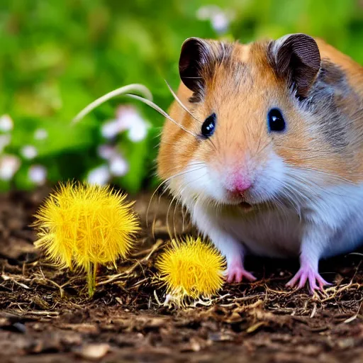 Prompt: steampunk hamster drinking tea sitting on a dandelion looking dapper in the sun