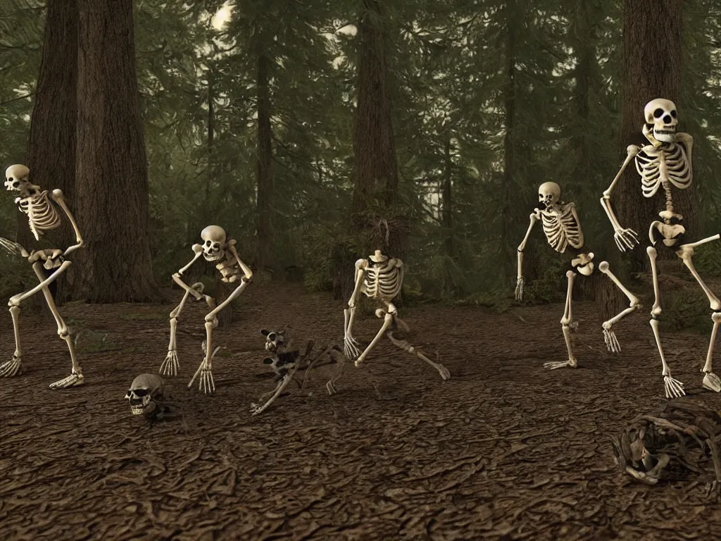 Image similar to frightened screaming human skeletons on amateur home video being attacked by raccoons at night in a dark forest at night, photorealistic amateur photography low camera angle, unreal engine 5 render