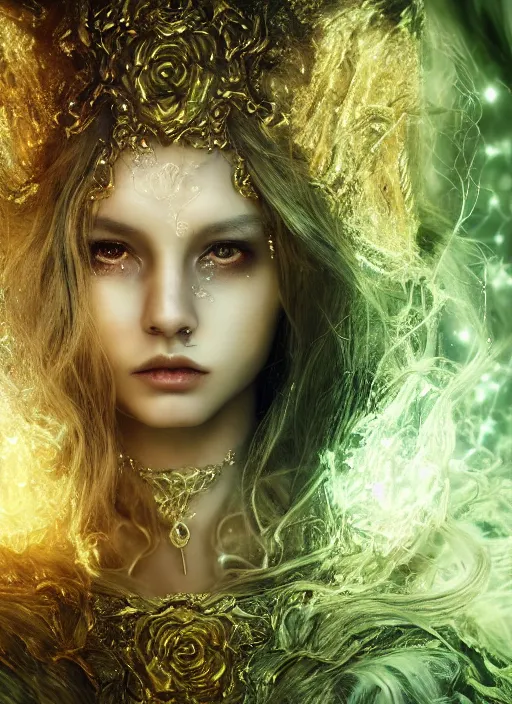 Image similar to glowing silver and golden elements, full close-up portrait, young female model from deviantart as a dark witch, book cover, green forest, white moon, red lips, establishing shot, extremly high detail, photo-realistic, cinematic lighting, pen and ink, intricate line drawings, by Yoshitaka Amano, Ruan Jia, Kentaro Miura, Artgerm, post processed, concept art, artstation, matte painting, style by eddie, raphael lacoste, alex ross