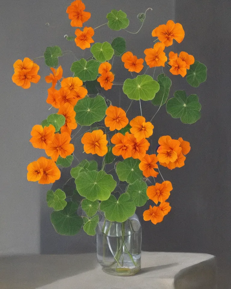 Prompt: fine artwork of a still life arrangement of flowering nasturtiums soft light coming from a window in a dark room, moody, wabisabi, hygge