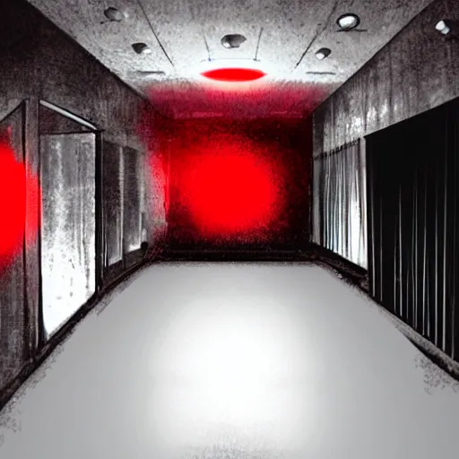 Image similar to a pitch black room with a hanging red light in the center,