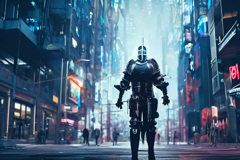 Image similar to professional photo of a cyberpunk knight in armor on the busy streets of a dystopian futuristic city with pedestrians, 4k, octane render, Unreal Engine