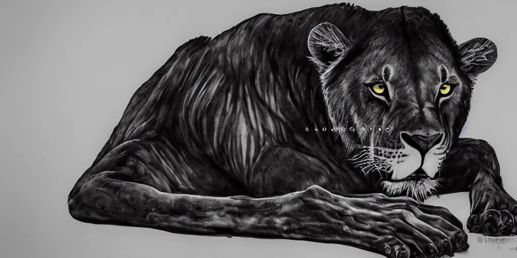 Image similar to a black lioness, made of ferrofluid, viscous, sticky, full of ferrofluid, laying on the white couch, covered with black goo. photography, dslr, realism, animal drawing, color, rim - light, wrinkles, reflections, wildlife photography, ferrofluid