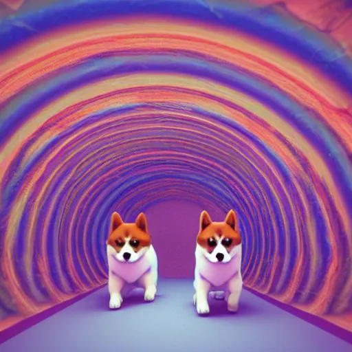 Image similar to two shiba inu in the psychedelic baroque dmt fourth dimensional tunnel, octane 3 d render