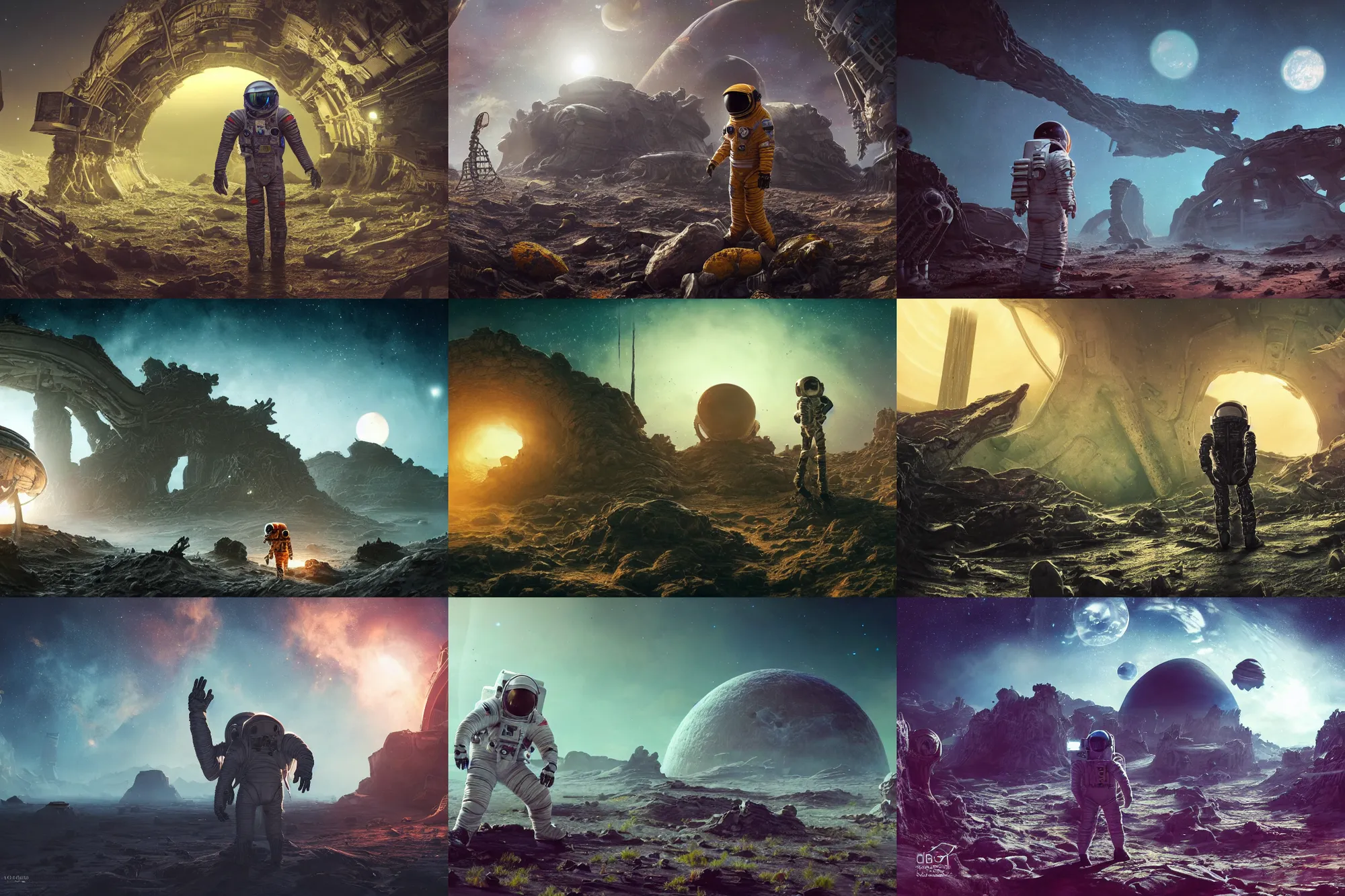 Prompt: photograph of an astronaut exploring an abandoned fallen planet with alien skeletal ruins, fallen kingdom city ruins, science fiction space suit, cinematic, hypermaximalist, detailed, 4k, breathtaking stars, surrealism, distant, concept art, digital art, sharp focus, reflections, RTX, octane render, acid pixie, Trending on DeviantArt