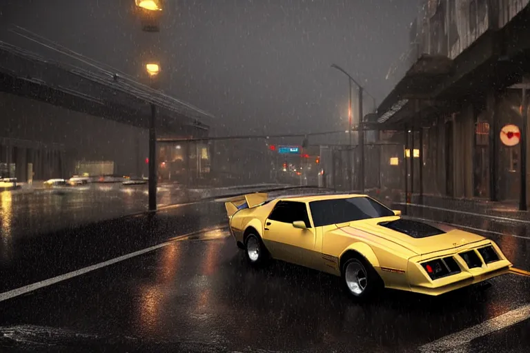 Image similar to hyperdetailed, photorealistic photograph of a 1 9 8 2 pontiac firebird trans - am drifting in the streets, rain, night, dense fog, hd, unreal engine 5 by greg rutowski, by stanley artgerm, by alphonse mucha