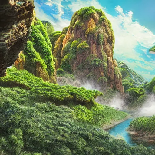 Prompt: digital art of a lush natural scene on an alien planet by dangiuz. extremely detailed render. beautiful landscape. weird vegetation. cliffs and water.