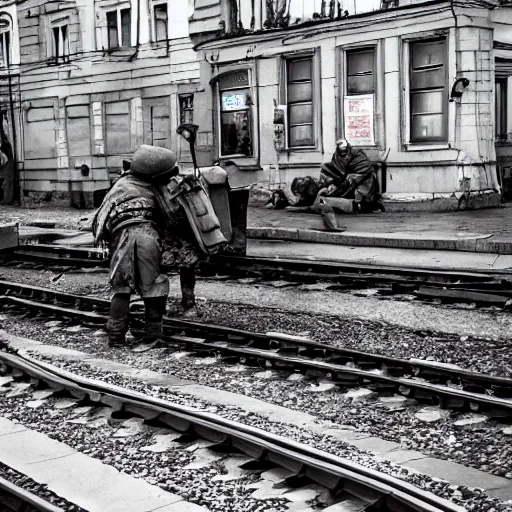 Image similar to nat geo photograph of eastern european town war ridden, 3 7 mm, dlr.