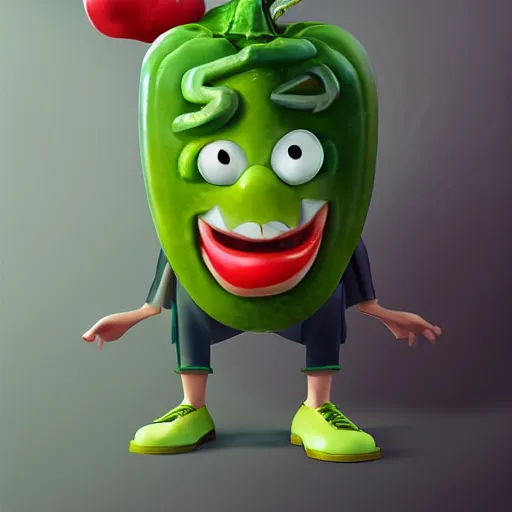 Prompt: a cartoon character with a green pepper in his mouth, a character portrait by weiwei, cgsociety, sots art, official art, art, character,