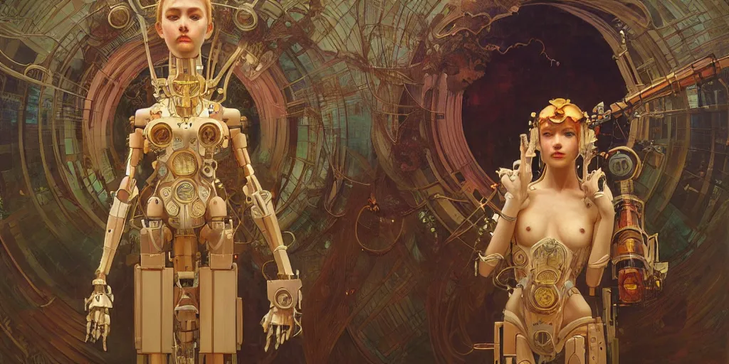 Image similar to octane render, ultra photorealistic, hyper detailed, unreal engine, a very very cute wooden mystical statue robot of the roman natural cyberpunk in a contemporary art gallery in neo tokyo artwork by alphonse mucha greg rutkowski