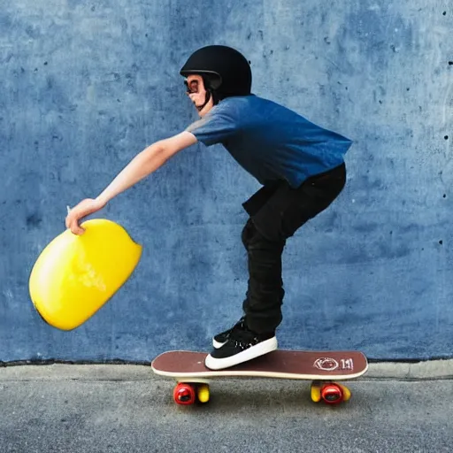 Image similar to a cool lemon riding a skateboard