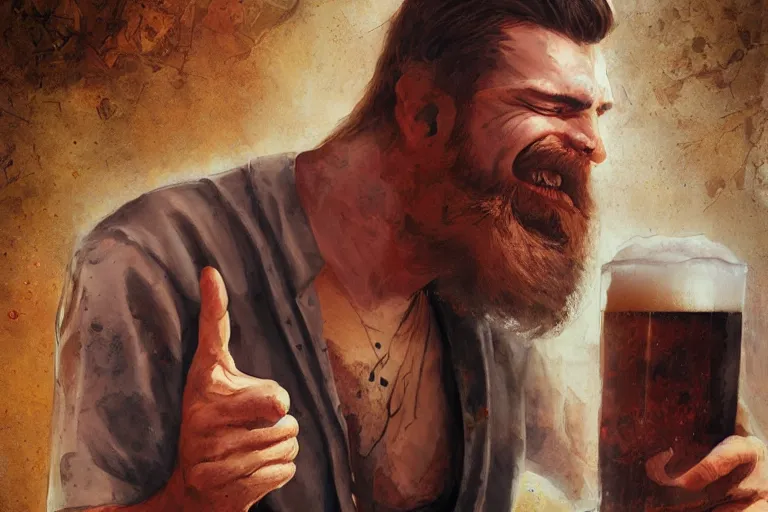 Prompt: a young man holding a beer giving a thumbs up with a long beard, 80s poster, detailed, uncropped, painted by Bastien Lecouffe-Deharme