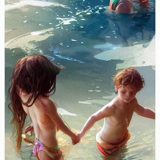 Image similar to summer camp, children playing in water, gorgeous, amazing, highly detailed, digital painting, artstation, concept art, sharp focus, illustration, art by artgerm and greg rutkowski and alphonse mucha