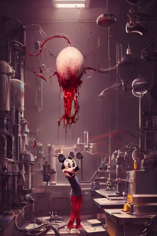 Image similar to mechanics scientist in lab facility looking at bloody mickey mouse head lifted by claw,, made by beeple, cgsociety, artgerm, greg rutkowski, highly detailed intricate 4 k art, low light cinematic, octane render, unreal engine, smooth concept art