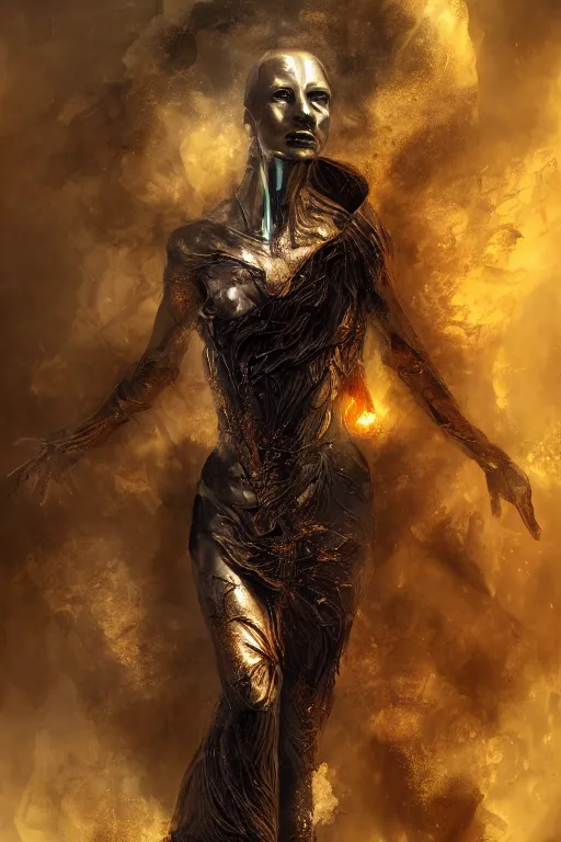 Prompt: fantasy character concept portrait, digital painting, wallpaper of a cracked mannequin with skin of obsidian, with veins of magma and gold, renaissance nimbus overhead, by aleksi briclot, by laura zalenga, by alexander holllow fedosav, 8 k dop dof hdr, vibrant