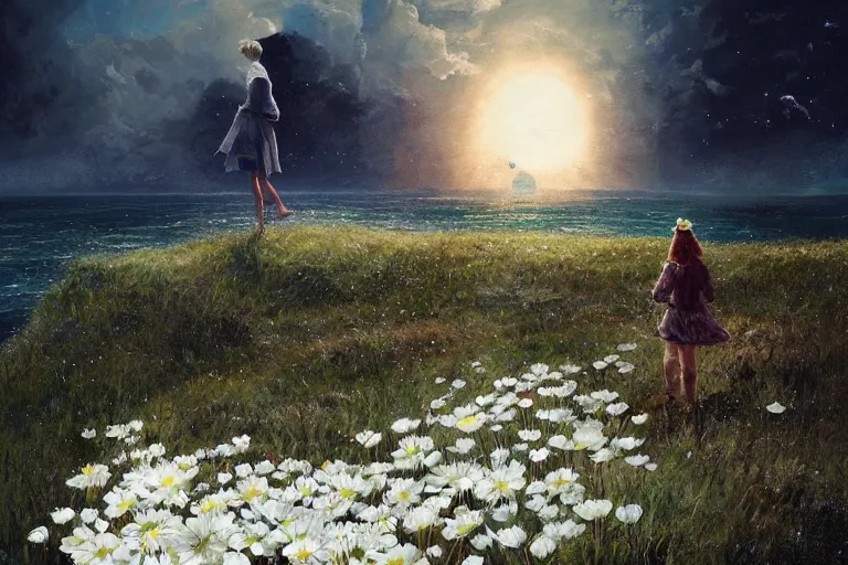 Image similar to giant white daisy flower on head, girl walking on cliff, surreal photography, solar eclipse, milky way, dramatic light, impressionist painting, clouds, digital painting, artstation, james gilleard, liam wong, jeremy mann, simon stalenhag