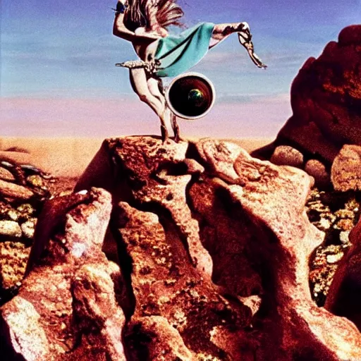 Prompt: salvador dali wearing a costume with jewels in a dry rocky desert landscape, visible sky and sunny atmosphere, film still from the movie by alejandro jodorowsky with cinematogrophy of christopher doyle and art direction by hans giger, anamorphic lens, kodakchrome, very detailed photo, 8 k