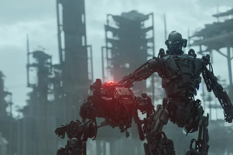 Image similar to a cinematic still from Westworld, red mech, armored core, octane render, nvidia raytracing demo, masterpiece