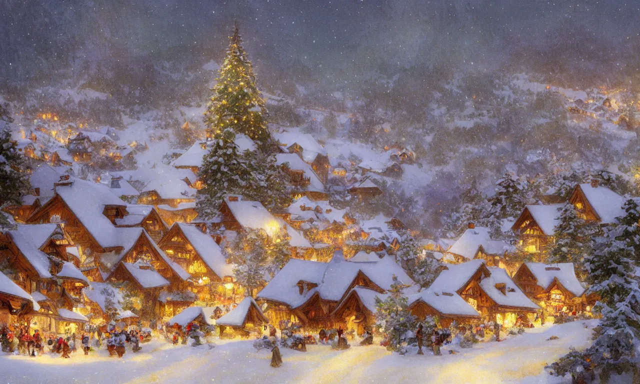 Image similar to a beautiful landscape painting of a small swiss mountain village in the snow at night with Christmas trees and fairy lights by Alfons Maria Mucha and Julie Dillon and Makoto Shinkai, vivid colors, high details, cinematic, 8k resolution, beautiful detailed, photorealistic, digital painting, artstation, concept art, smooth, sharp focus, illustration, fantasy background, artstation trending, octane render, unreal engine