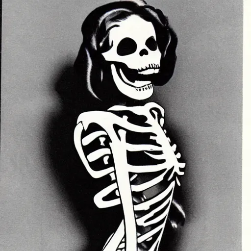 Prompt: a headshot of skeleton as a a pin - up model