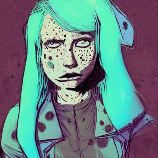 Image similar to Highly detailed portrait of a moody sullen punk zombie young lady with freckles by Atey Ghailan, by Loish, by Bryan Lee O'Malley, by Cliff Chiang, inspired by image comics, inspired by graphic novel cover art, inspired by papergirls !!!vivid green, brown, black, yellow and white paint spatter color scheme ((gradient grafitti tag brick wall background)), trending on artstation