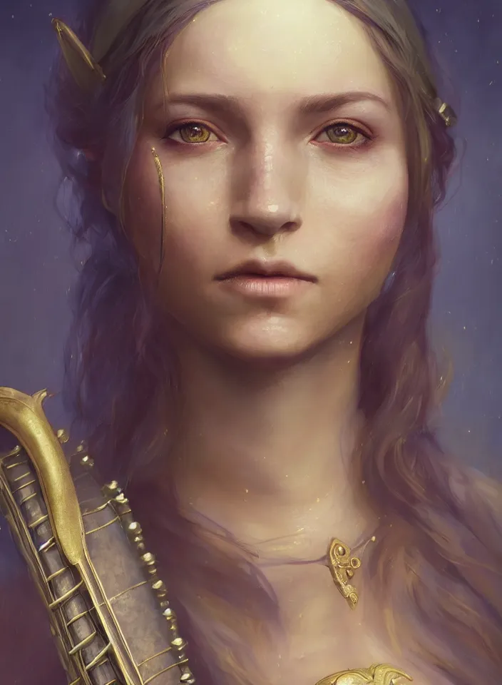 Image similar to a face portrait of a beautiful girl as a bard from skyrim, fantasy setting, beautiful face, serene colors, soft lighting, atmospheric, cinematic, moody, in the style of diego koi, gina heyer, luiz escanuela, art by alyssa monk, hyperrealism, rule of thirds, golden ratio, oil on canvas, 8 k