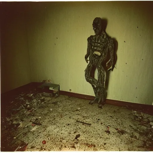 Image similar to Photograph of an abandoned 1940s bedroom in Silent Hill, creepy monster from Ringu, dark, no lights, moist, taken using a film camera with 35mm expired film, bright camera flash enabled, award winning photograph, creepy, liminal space