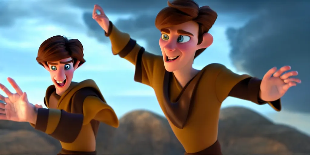 Image similar to a epic scene of a handsome young caucasian male sorcerer with brown hair casting a spell that is emanating from his hands, action pose, medium shot, depth of field, sharp focus, waist up, award winning animation, pixar and dreamworks animation style