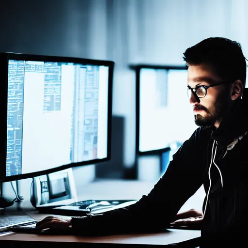 Image similar to a Portrait of a hacker, computer screens in the background, dark, dramatic, realistic studio lighting, realistic reflections, 4k, professional, canon