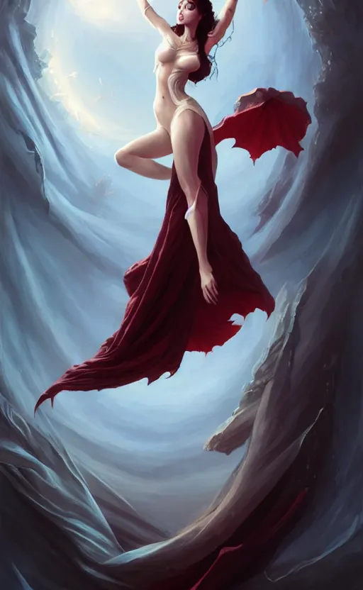 Prompt: desirable vampire woman floating in the air with silk cloth, fantasy, intricate, elegant, highly detailed, digital painting, artstation, concept art, matte, sharp focus, illustration, art by artgerm and greg rutkowski, dreadjim, zeen chin