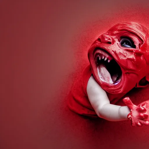 Image similar to a baby being ripped apart limb by limb, screaming in pain, red mist, hyper graphic