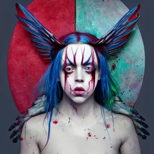 Image similar to 4K headshot of godlike Billie Eilish with defined arms and open hands and bloody clothes with giant mandala wings , intricate runny clown face make-up , flawless anime cel animation by Kentaro Miura, psychedelic , highly detailed upper body , professionally post-processed , beautiful, scary, symmetry accurate features, epic, octane rendered, anime masterpiece, accurate