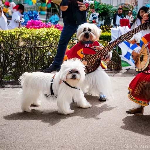Image similar to a cream-colored Havanese dog and shih tzu dog playing in a mariachi band, at fiesta in Mexico, Leica 35mm, 4K