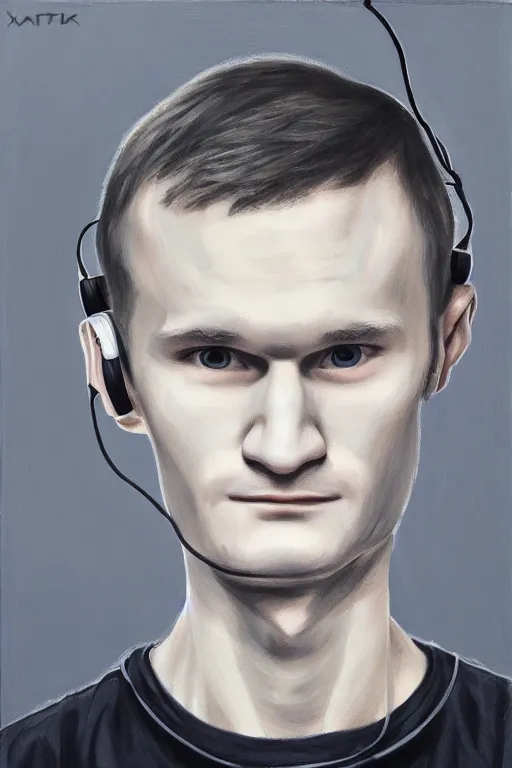 Image similar to vitalik buterin in headphones. vitalik buterin, medium shot, perfect symmetric face, coherent eyes, cute beautiful face, fine details., 4 k, hans zatska, oil paint