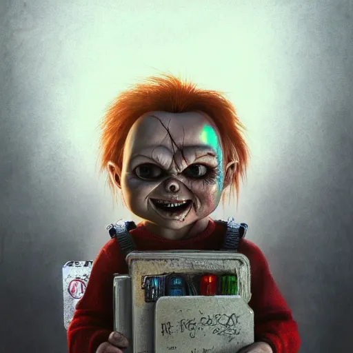 Image similar to portrait of chucky, intricate artwork, concept art, octane render, deviantart, cinematic, key art, hyperrealism, iridescent accents, portrait photograph, nikon 3 5 mm, photograph by greg rutkowski