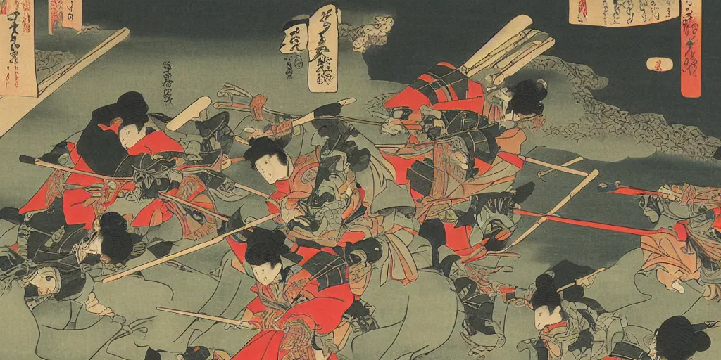 Image similar to mixed ukiyo - e style and italian futurism sytle painting of heavily armored samurai fighting in fierce battle in a beautiful forest