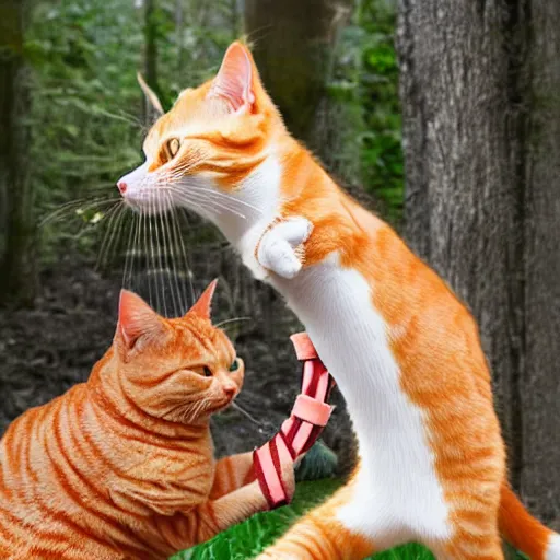 Prompt: orange tabby cat fighting an anthropomorphic bacon strip, realistic