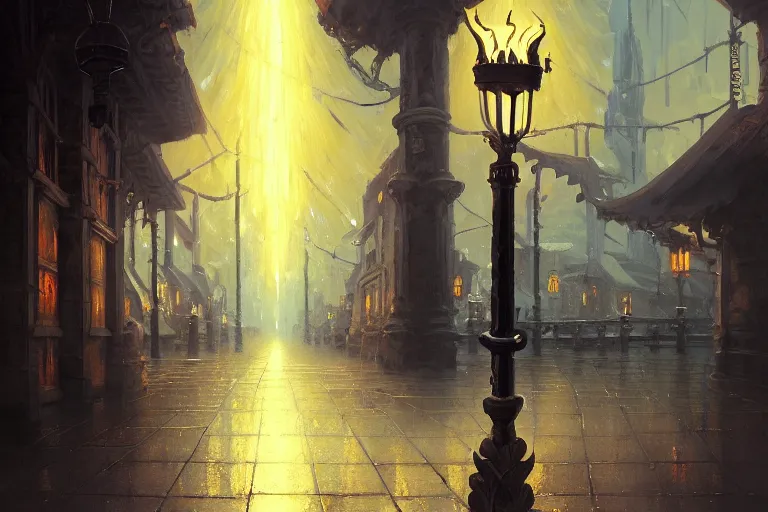 Image similar to baroque oil painting of anime key visual concept art of an ornate detailed oil lamppost at night, rusty black metal, flickering flame, reflective mapping, trending on artstation, palette knife and brush strokes, oil on canvas, style of makoto shinkai greg rutkowski studio ghibli genshin impact