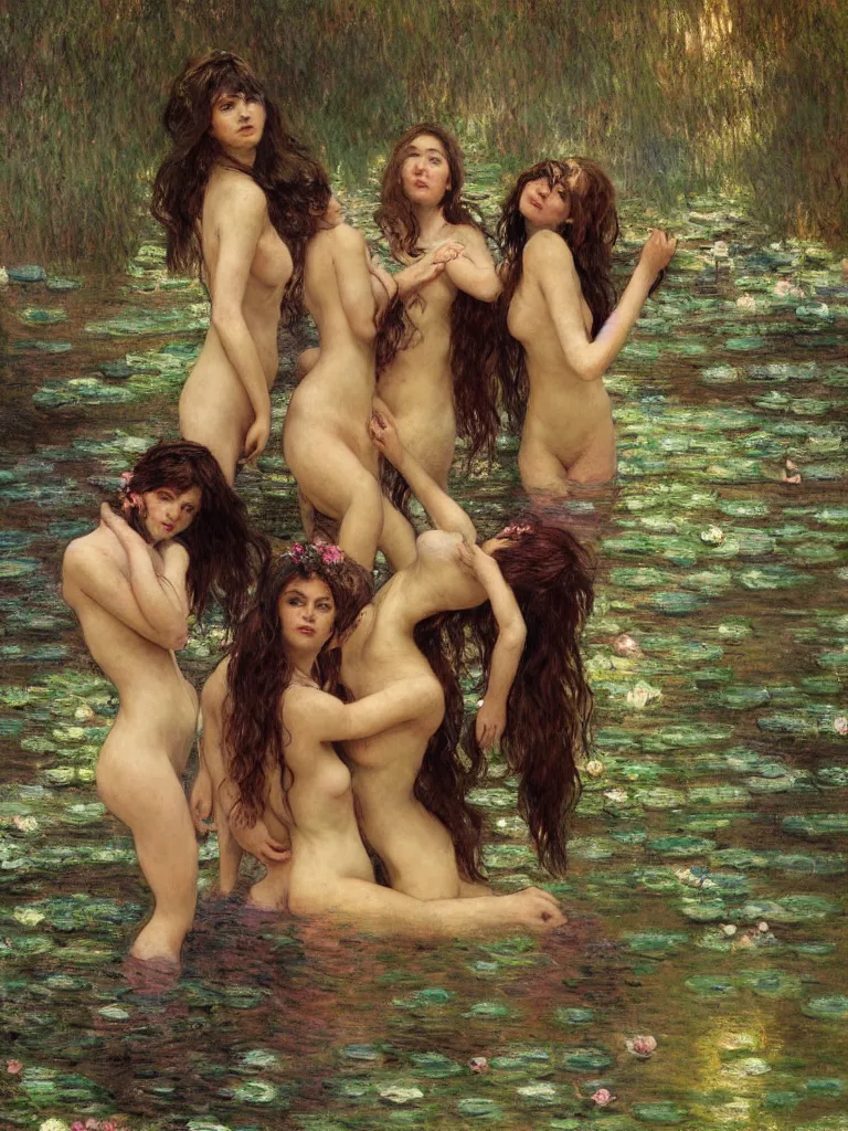 Image similar to illustration studio portrait of three dark beautiful woman bodies mermaids female energy in artistic poses in the river at the forest, monet painterly motives and textures pattern, hyper detailed, octane render, vivid colors, artstation, by jeremy mann, by alphonse mucha, by monet