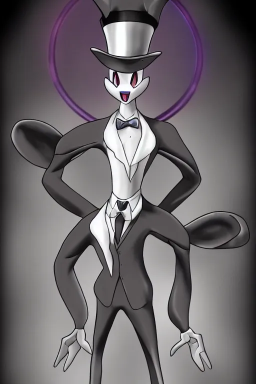 Image similar to mewtwo human hybrid wearing a top hat and suit, highly detailed, digital art, sharp focus, ambient glow, trending on art station, anime art style