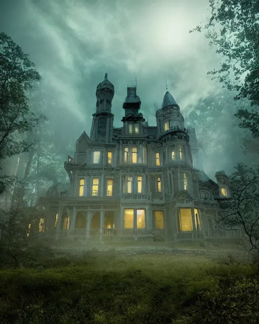 Image similar to a wide angle low photo of a colossal haunted victorian mansion on the edge of a cliff above a misty forest at night, volumetric light, epic proportions, ectoplasm, mystical, occult, alchemy, ultra detailed, 8 k