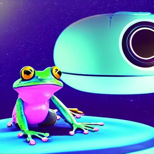 Prompt: frog sitting in the middle of spaceship ; hi - tech ; vaporwave ; unreal engine, wide angle