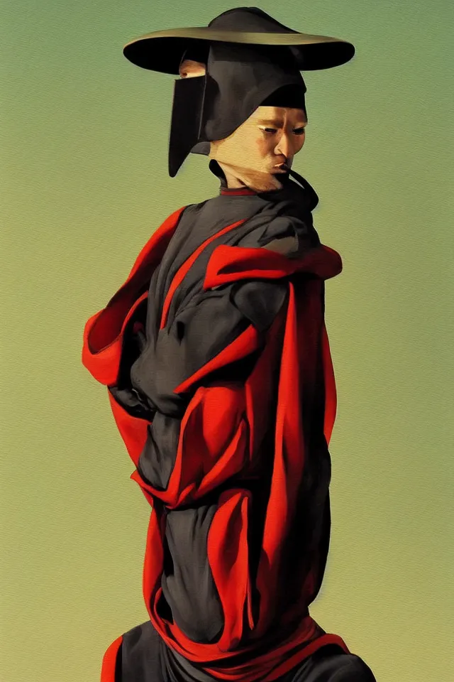 Image similar to sfumato renaissance oil painting of a ninja shaman, modern minimal isei miyake outfit, in the style of syd mead, jeremy cowart, concept art