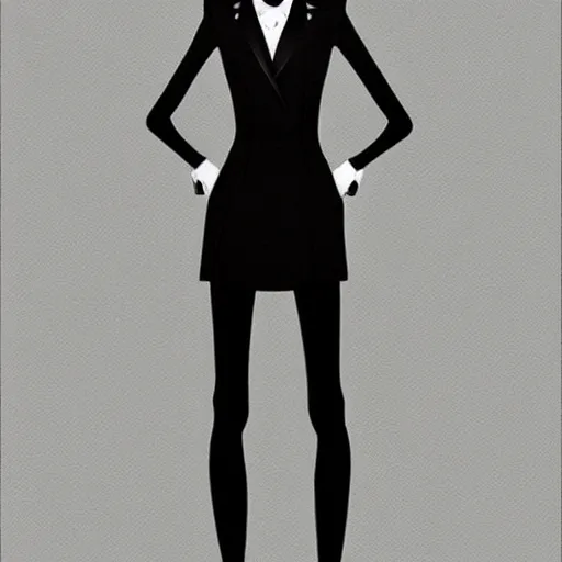 Image similar to slim cruel business girl in tuxedo with black bob hair, elegant, 2d, ultra highly detailed, digital painting, smooth, sharp focus, artstation, art by Ilya Kuvshinov
