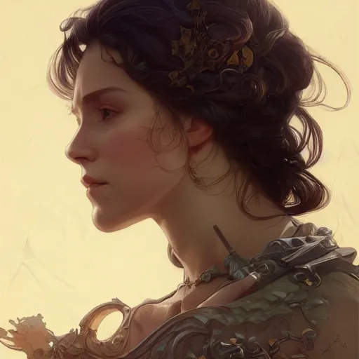 Image similar to portrait of an adventurer, elegant, intricate, headshot, D&D, fantasy, highly detailed, digital painting, artstation, concept art, sharp focus, illustration, art by artgerm and greg rutkowski and alphonse mucha