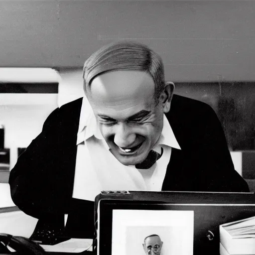 Image similar to benjamin netanyahu laughing at computer screen, in office, alone, black background, by norman rockwell