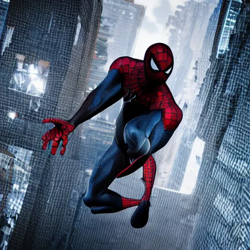 Image similar to black spider - man suit with white web lining, cinematic, volumetric lighting, realistic, hyperdetailed, photorealistic, photograph