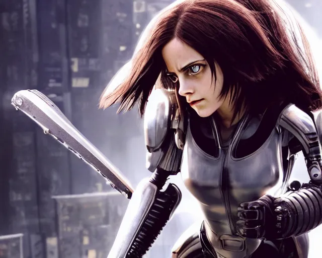 Image similar to a film still from battle angel alita played by actress emma watson, futuristic, cinematic lighting, photorealistic, lifelike, highly detailed, photorealistic, hyperrealistic, high resolution, 4 k